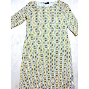 Saint James France Geometric Shift Dress Yellow Blue Tile Knit Jersey 3/4 Sleeve
